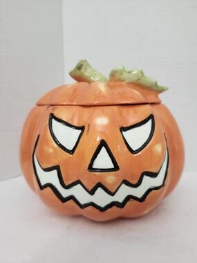 David's Cookies Halloween Pumpkin Ceramic Cookie Jar Jack O Lantern 2 Sided